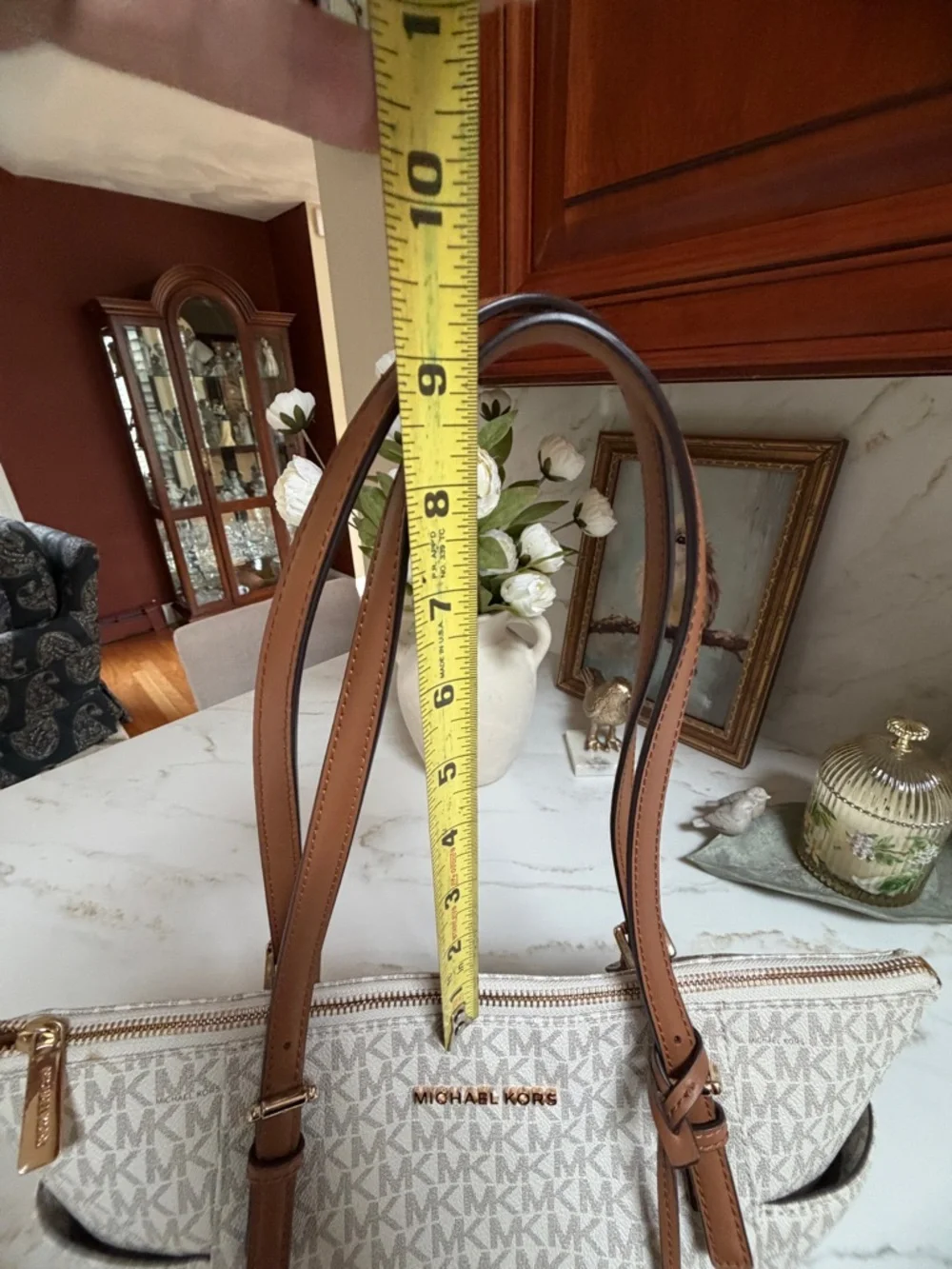 Michael Kors Cream Monogram Tote with Tan Leather Straps - Picture 12 of 14